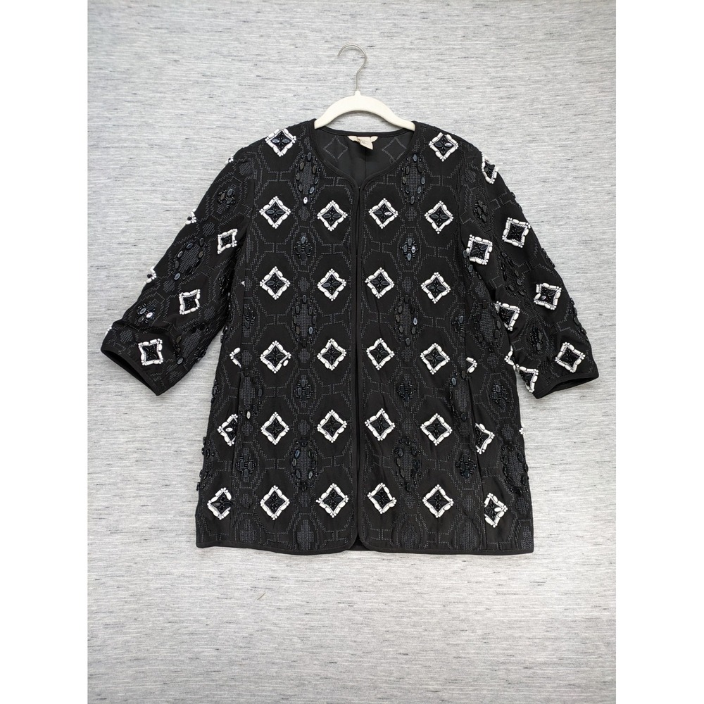 H&M Beaded Jacket‎ Embroidered Women's 6 Black White Elegant Classy Office Aztec